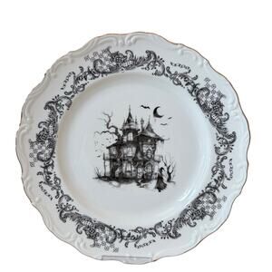 4 Grace Teaware Halloween Haunted House Dinner Plates 11in Porcelain Spooky NEW